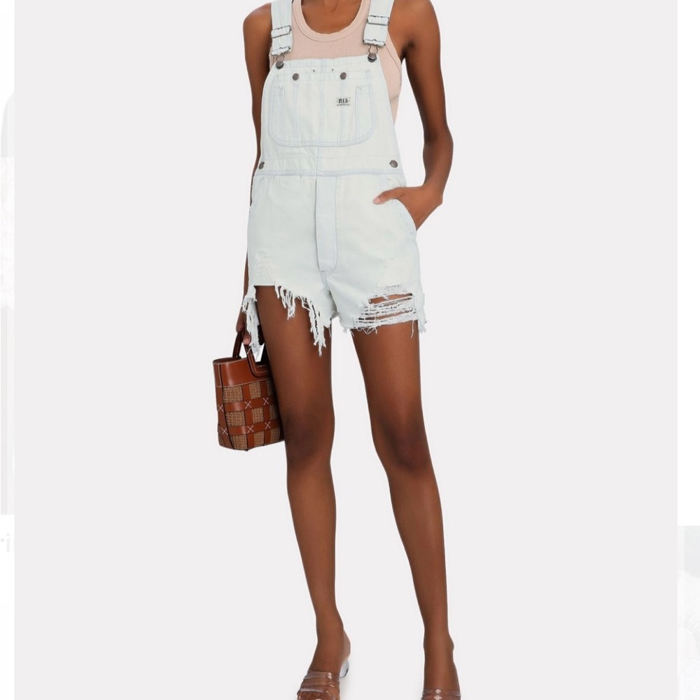 R13 Distressed Denim Short Overalls Size XS